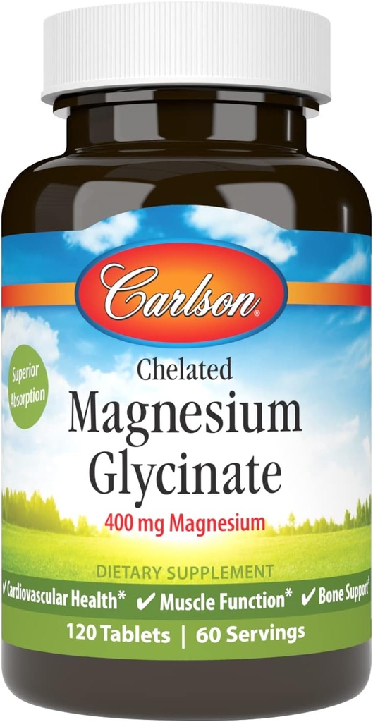 Carlson - Magnesium Glycinate, 200 mg, Superior Absorption, Heart Health, Muscle Function, Bone Support, 120 Tablets