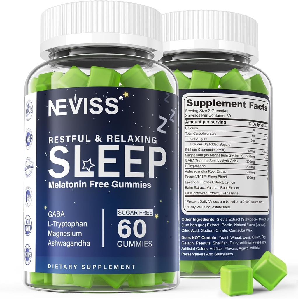 NEVISS Melatonin Free Sleep Aid Gummies for Adults - Magnesium Glycinate Gummies | GABA, L-Tryptophan, Magnesium, Ashwagandha - Non-Habit Forming, Help for Deep Relaxation - Vegan, Lemon Flavor, 1Pack