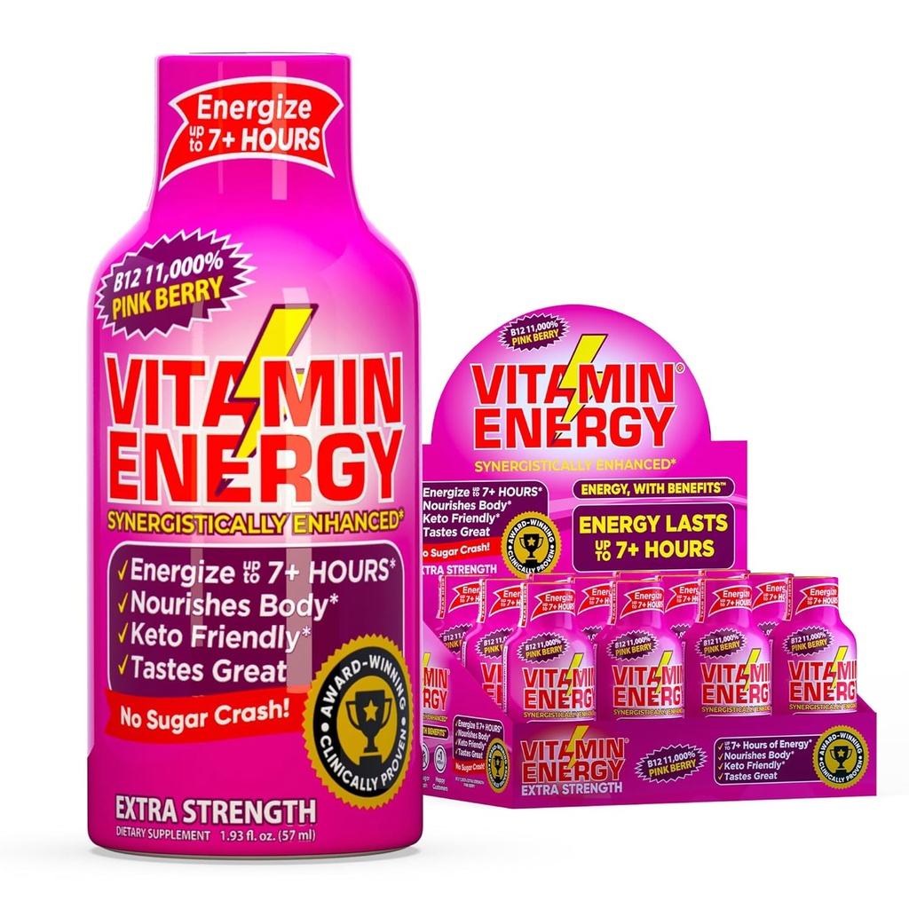 Vitamin Energy B12 11,000% Extra Strength Energy Shot Pink Berry 12 Pack, 260mg Natural Caffeine, B12 & B6, Nootropic Focus, Vitality, Zero Sugar, Gluten-Free, Vegan, Kosher, 1.93 fl oz