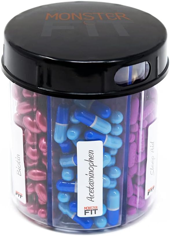 Monster Jr Supplement Pill Dispenser - Holds Small Medium Medication Vitamins and Easily Dispense from One Container Includes Compartment Labels ( 1 Pack)