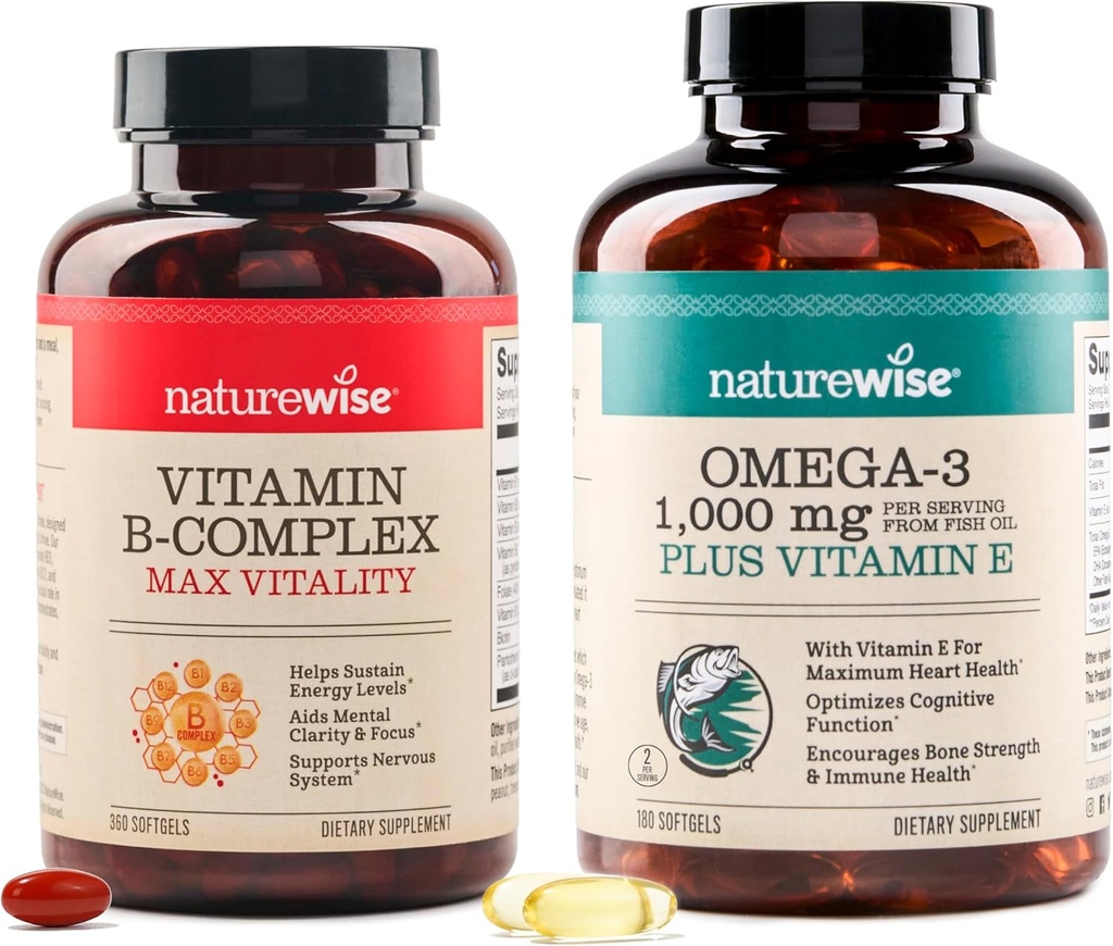 NatureWise Vitamin B Complex 360 Softgels & Omega 3 Fish Oil 180ct for Energy, Heart, Brain, Immune & Vision Support