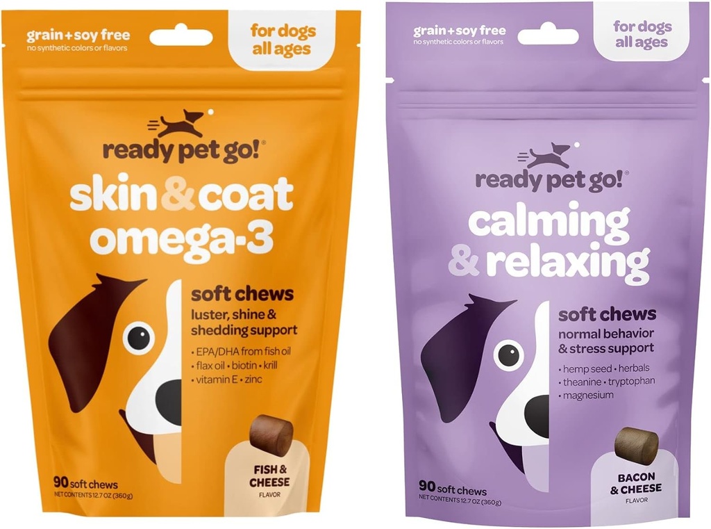 Ready Pet Go! Omega 3 + Calming Chews for Dogs | Helps with Dog Anxiety, Separation & Barking | Fish Oil for Dog Shedding, Skin Allergy, Itch Relief | 90 Chews Each