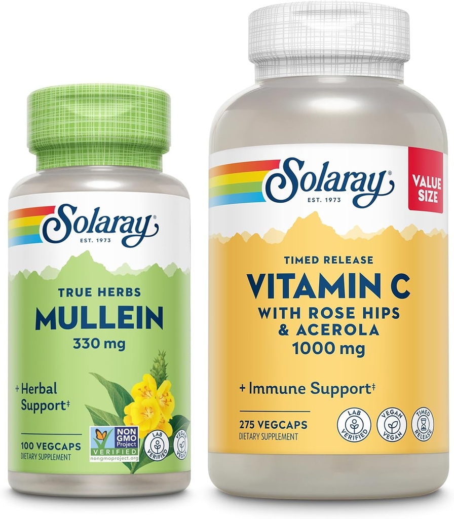 SOLARAY Vitamin C 1000mg and Mullein Leaf Wellness Bundle - Time Release Vitamin C Supplement and Mullein Capsules, Traditionally Used for Wellness Support - Vegan, 60-Day Guarantee, 275/100 VegCaps