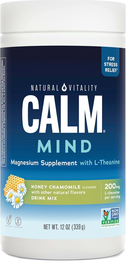 Natural Vitality Calm Mind, Magnesium Citrate + L-Theanine Powder, Supports a Healthy Response to Stress, Gluten Free & Vegetarian, Honey Chamomile, 12 oz.