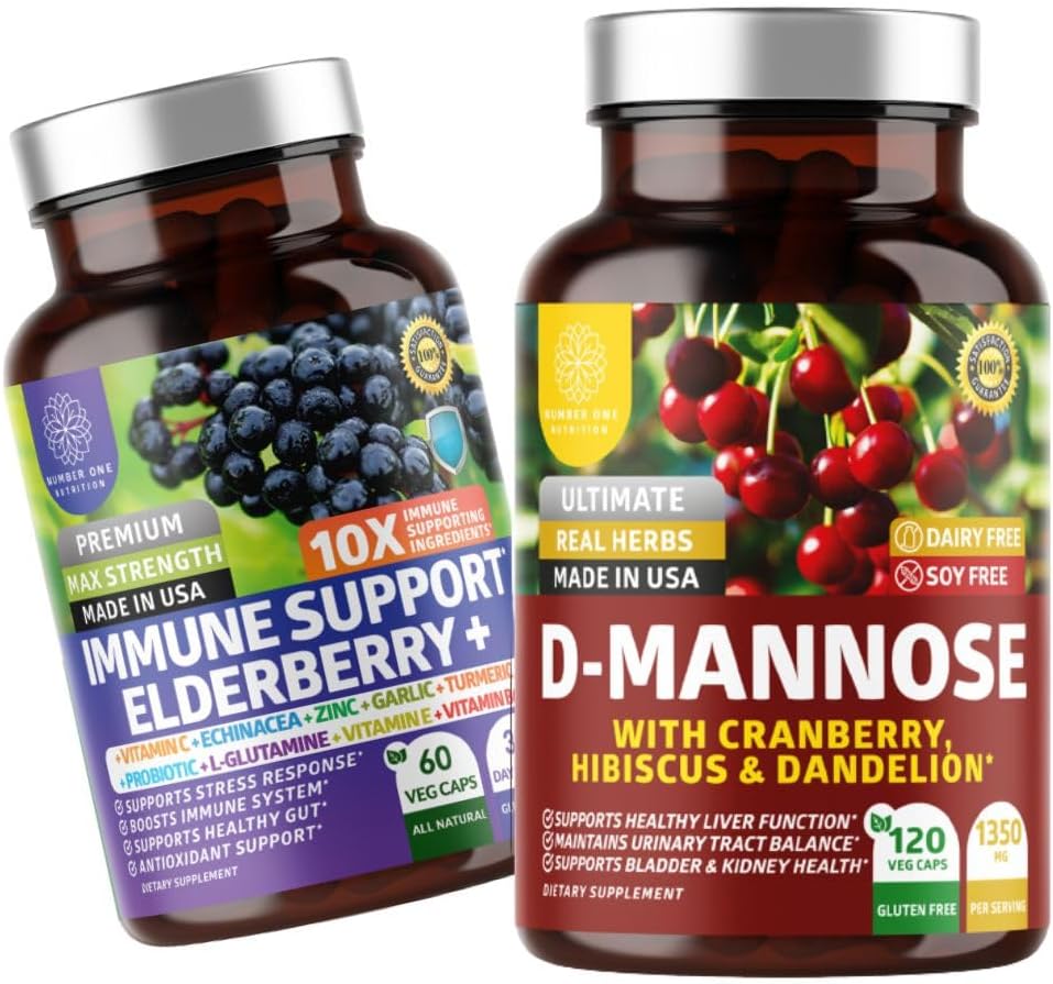 Number One Nutrition N1N Premium D-Mannose with Cranberry & Hibiscus [1350mg], 120 Capsules, and Immune Support Booster with Elderberry, Vitamin C, Echinacea & Zinc, 60 Capsules, 2 Pack Bundle