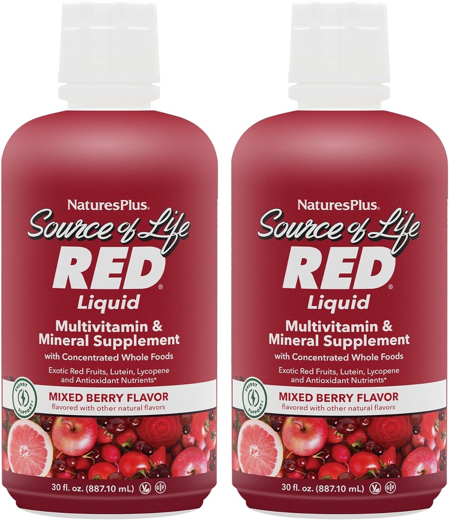 NaturesPlus Source of Life RED Multivitamin Liquid - 30 oz, Pack of 2 - Energy & Immune Support - with Exotic Red Fruits, Lycopene & Lutein - Vegetarian & Gluten Free - 60 Total Servings