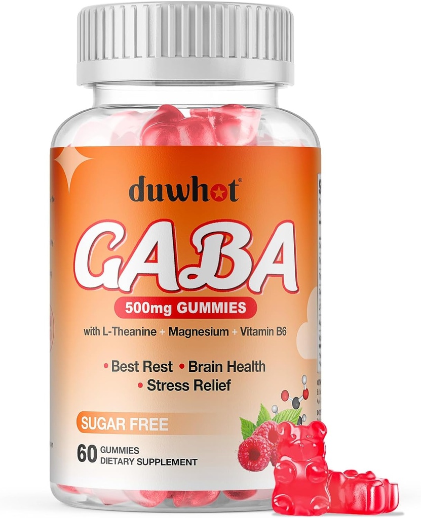 GABA Gummies 500mg for Cortisol Balance, Stress Relief Gummies for Adults Sleep, Brain, Immune Support, GABA Chewable Supplement with L-Theanine & Magnesium & Vitamin B6, Sugar Free, Vegan, 60