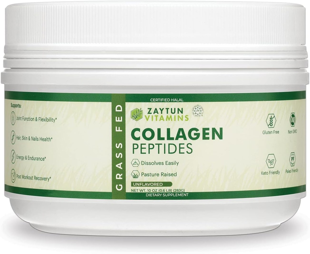 Zaytun Halal Collagen Peptides Powder, Hydrolyzed Type I & III Collagen, Supports Joint, Bone, Muscles, Hair, Skin, & Nails, Keto Friendly, Grass-Fed, 10 oz, Made in USA, Certified Halal