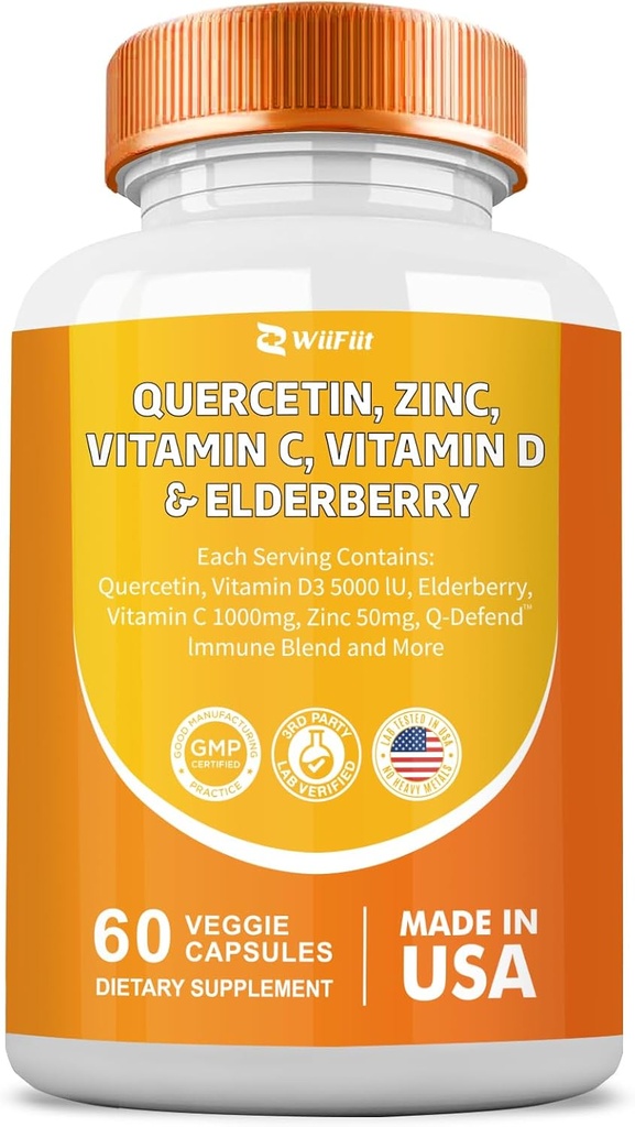 Quercetin 50 mg Zinc 1000 mg Vitamin C 5000 IU Vitamin D3 1000 mg Turmeric 1000 mg Elderberry with Q-Defend Immune Blend Reisshi Nettle Arteemisinin, Non-GMO, Mineral Supplements,60 Capsules