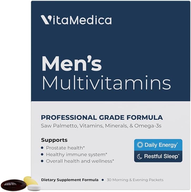 VitaMedica Men’s Multivitamin with Prostate Health Support | Vitamins, Minerals, Omega3s and Saw Palmetto | Box of 30 Easy Daily Packs | Supports Natural Energy and Sleep | Muscle, Joint Health