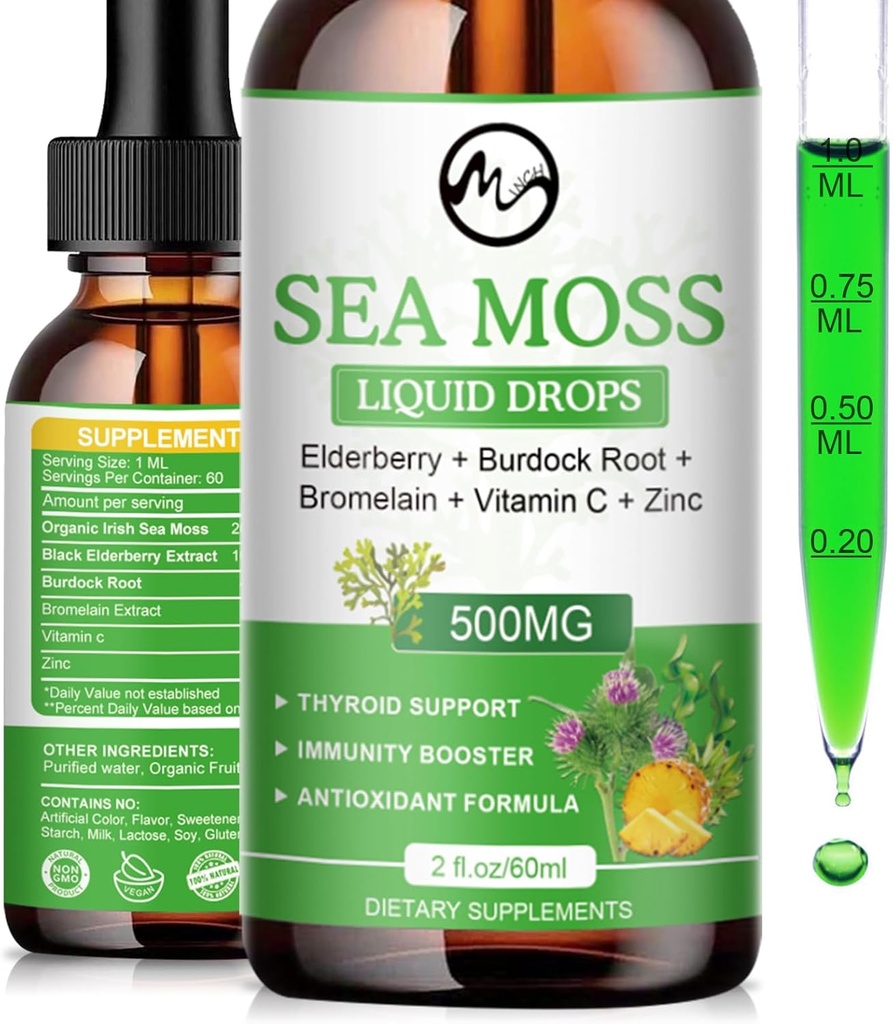 Sea Moss Liquid Drops - Irish Sea Moss 2000mg with Elderberry, Burdock Root, Bromelain, Vitamin C and Zinc - 98 Essential Minerals Seamoss Supplement for Immune, Joint, Digestion, Aging Support - 2oz
