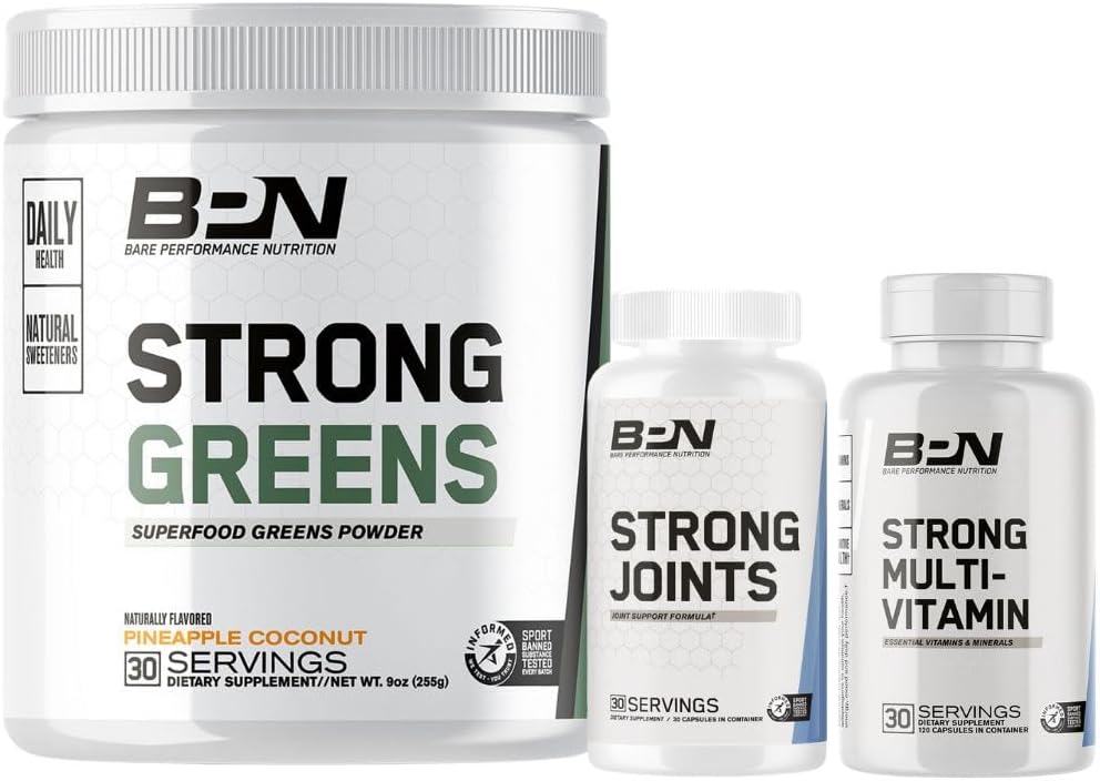 BARE PERFORMANCE NUTRITION BPN Strong Greens Superfood Powder, Strong Joints & Strong Multi-Vitamin Bundle