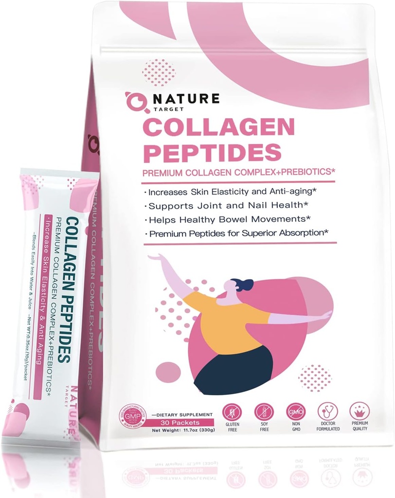 NATURE TARGET Multi Collagen Peptides Powder - Type I, II, III, V, X - Enhanced Absorption, Hydrolyzed Collagen Peptides with Prebiotics, Sugar-Free, Support Skin Hair Nail & Joint, Non-GMO