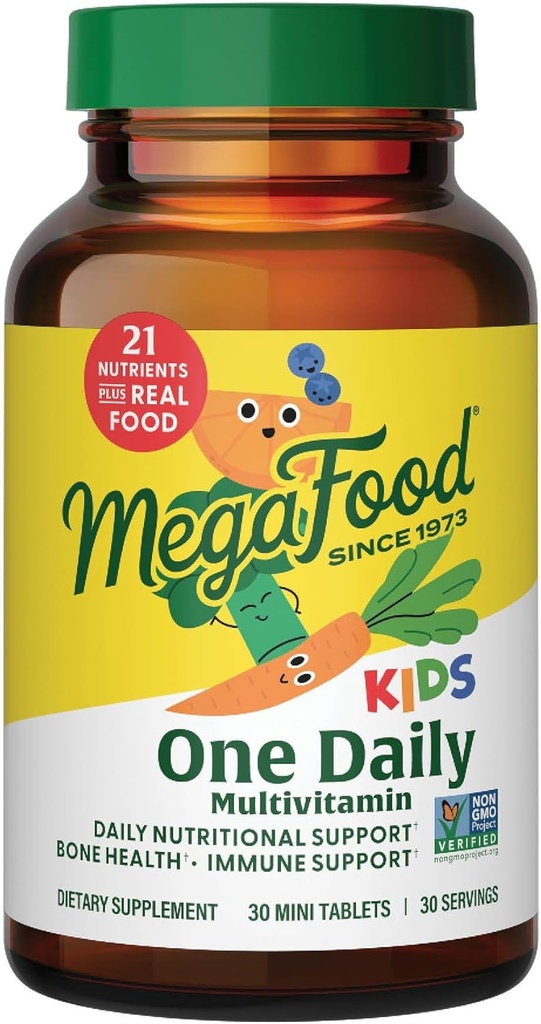 MegaFood Kids One Daily Multivitamin - Convenient Mini Multivitamin for Kids - with Zinc, Vitamins C, B & D - Vegetarian, Gluten Free, Non GMO - 30 Tablets, 30 Servings