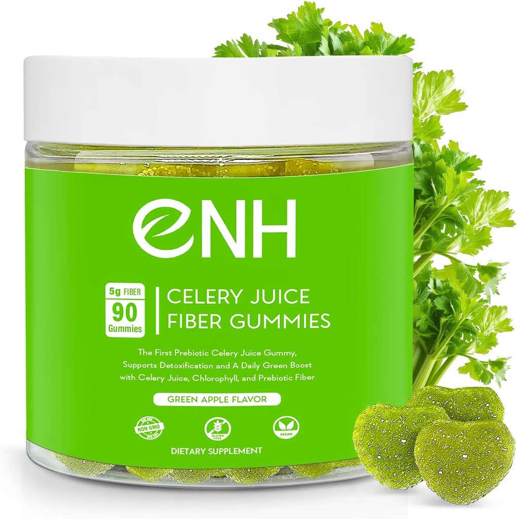 ENH Organic Celery Juice Fiber Gummies, A Prebiotic Boost for Detoxification & Wellness, A Daily Green Boost with Celery Juice, Chlorophyll & Prebiotic Fiber (90 Counts)