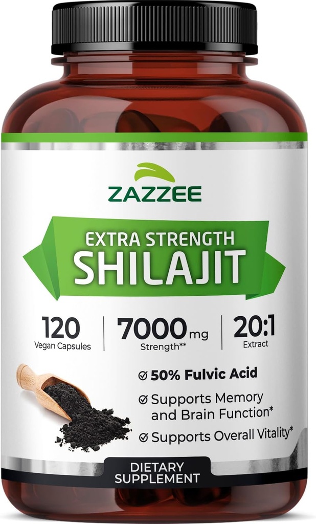 Zazzee 100% Pure Himalayan Shilajit 20:1 Extract, 7000 mg Strength per Capsule, 50% Fulvic Acid, 120 Servings per Bottle, 20X Potency, Rich in Trace Minerals, Non-GMO, Vegan, Made in The USA