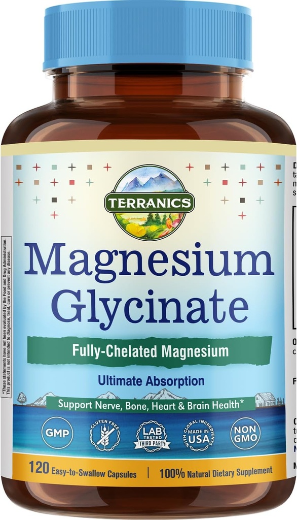 Terranics Magnesium Glycinate 545mg, 120 Capsules, 70mg of Elemental Magnesium per Mini Capsule, Better Absorption, Rest, Vegan, Non-GMO