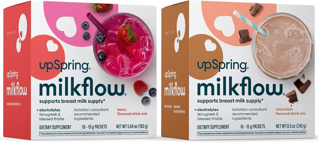 UpSpring Milkflow Electrolyte Breastfeeding Supplement Drink Mix with Fenugreek | Chocolate & Berry Flavor | Lactation Supplement to Promote Healthy Breast Milk Supply & Restore Electrolytes | 2 Pack