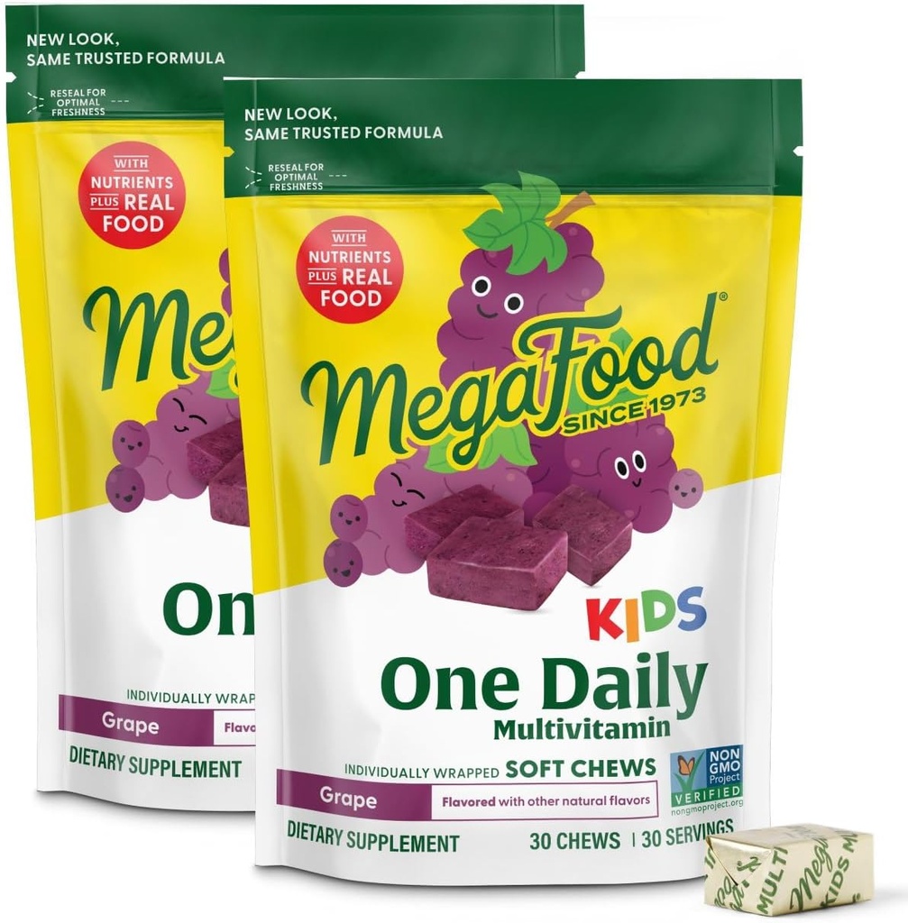 MegaFood Kids One Daily Multivitamin Soft Chews - Kids Vitamins with Vitamin B, Vitamin C, Vitamin D & Vitamin E - Age 4+, Vegetarian, Made Without 9 Food Allergens - Grape Flavor - 30 Chews (2 Pack)