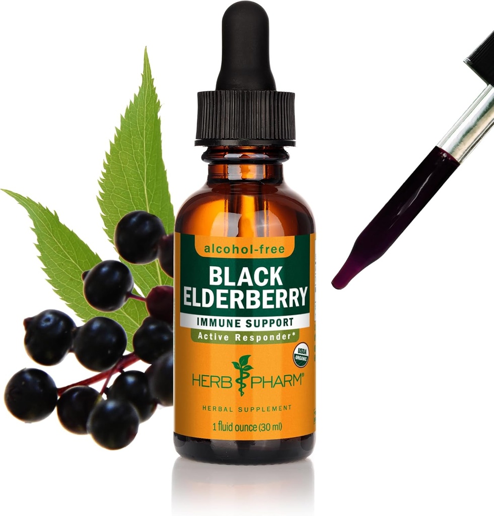 Herb Pharm Certified Organic Black Elderberry Liquid Extract for Immune System Support, Alcohol-Free Glycerite, 1 Ounce