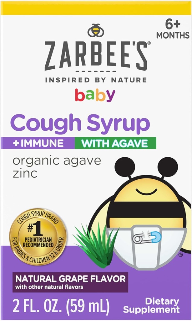 Zarbee's Baby Cough Syrup + Immune with Organic Agave + Zinc; Natural Grape Flavor; for Babies 6+ Months, 2 Fl Oz(Pack of 1)