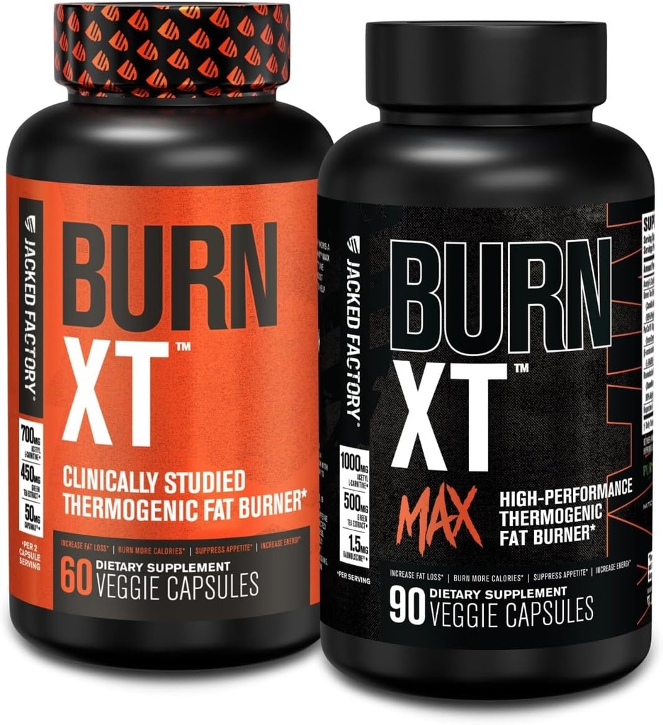 Jacked Factory Burn-XT Clinically Studied Fat Burner & Weight Loss Supplement (60 Capsules) & Burn XT Max High Performance Fat Burner (90 Capsules)