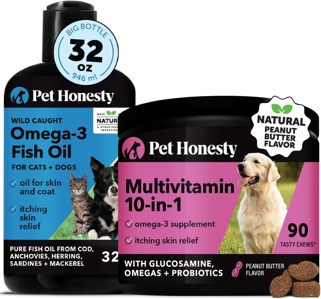 Omega 3 Fish Oil & Multivitamin Bundle: Wild Caught Omega 3 Supplement & Dog Vitamins with Glucosamine for Skin and Coat (32oz & Peanut Butter 90 ct)