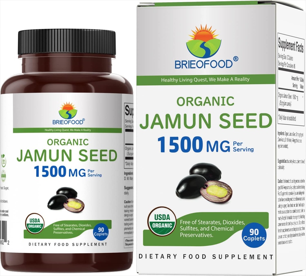 Brieofood Organic Jamun Seed 1500mg, 45 Servings, Vegetarian, Gluten Free, 90 Vegetarian Tablets