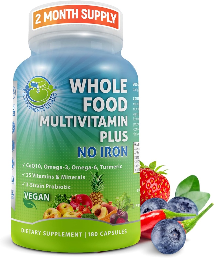 Vegan Whole Food Daily Multivitamin Without Iron, Methylated Multivitamin for Women and Men, Made with Fruits & Vegetables, B-Complex, Probiotics, Enzymes, CoQ10, Omegas, Turmeric, Non-GMO, 180 Count