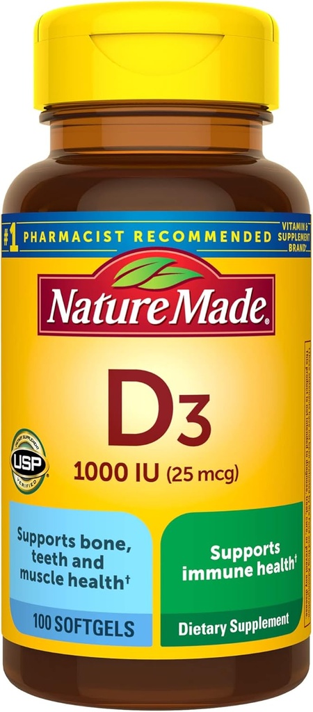 Nature Made Vitamin D3 1000 IU (25 mcg), Vitamin D Supplement for Bone, Teeth, Muscle and Immune Health Support, 100 Softgels, 100 Day Supply