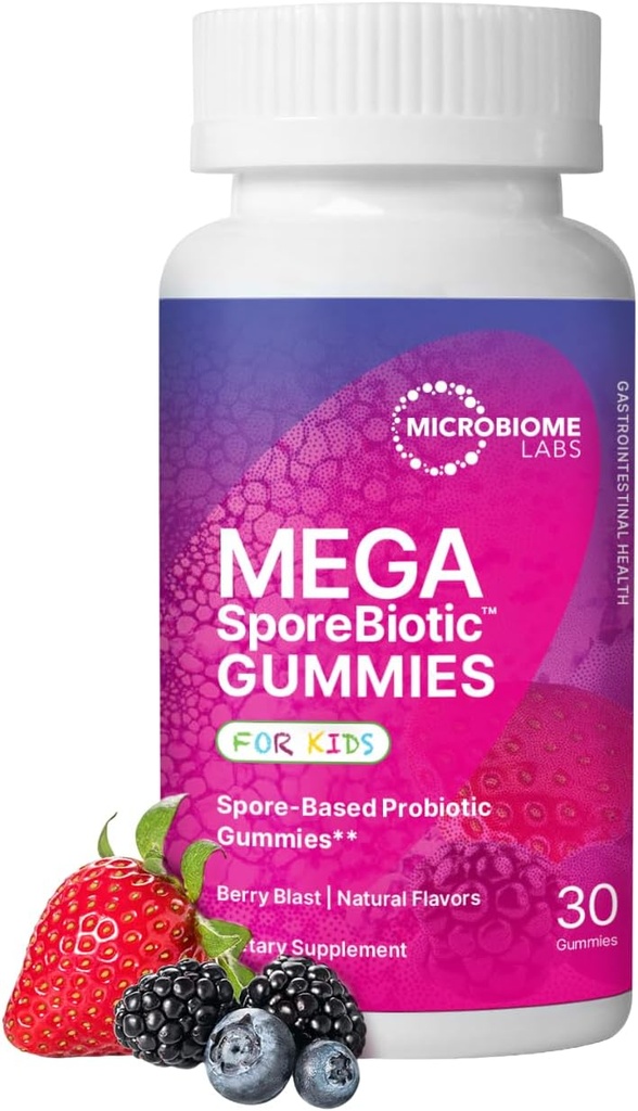 Microbiome Labs MegaSporeBiotic Kids Probiotic - Spore Based Gummy Probiotics for Kids - Supports Gut Health & Immunity with Bacillus Probiotic Blend - Berry Flavored (30 Gummies)