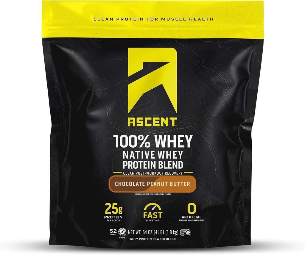 Ascent 100% Whey Protein Powder - Post Workout Whey Protein Isolate, Zero Artificial Flavors & Sweeteners, Gluten Free, 5.5g BCAA, 2.6g Leucine, Essential Amino Acids, Chocolate Peanut Butter 4 lb