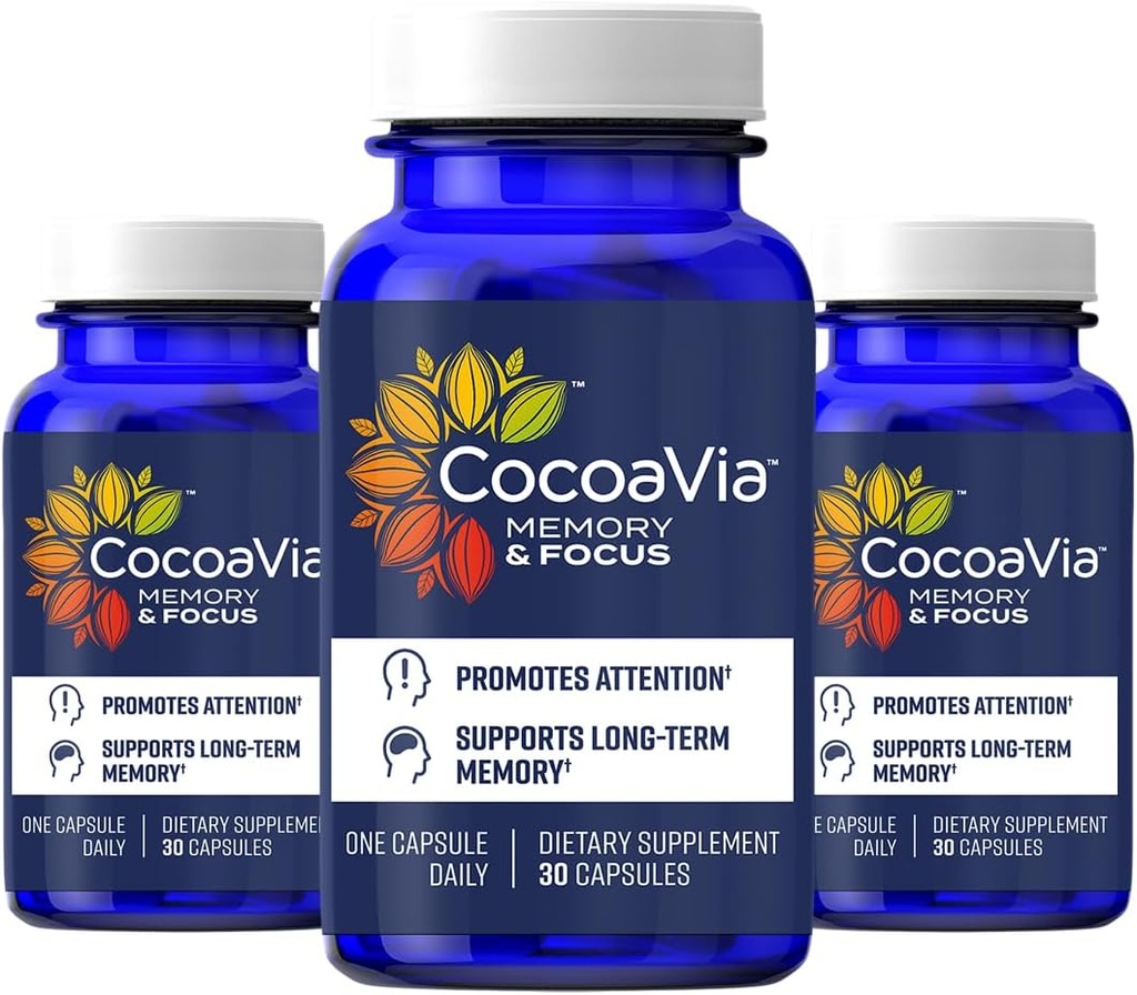 CocoaVia Memory & Focus Brain Supplement, 90 Day, Cocoa Flavanol Blend, Lutein, Added Caffeine for Boost. Improve Cognitive Function, Attention, Vegan & Plant Based, 90 Capsules