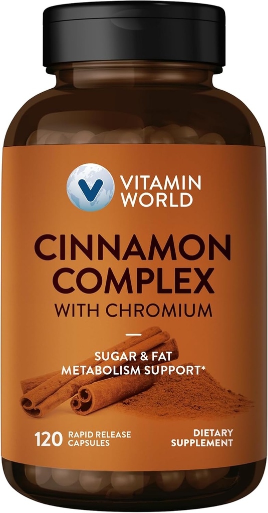 Vitamin World Cinnamon Complex with Chromium, 1000 mg Cinnamon Supplements with High-Potency Chromium for Healthy Metabolism & Antioxidant Protection, 120 Capsules, 2 Month Supply, Gluten Free