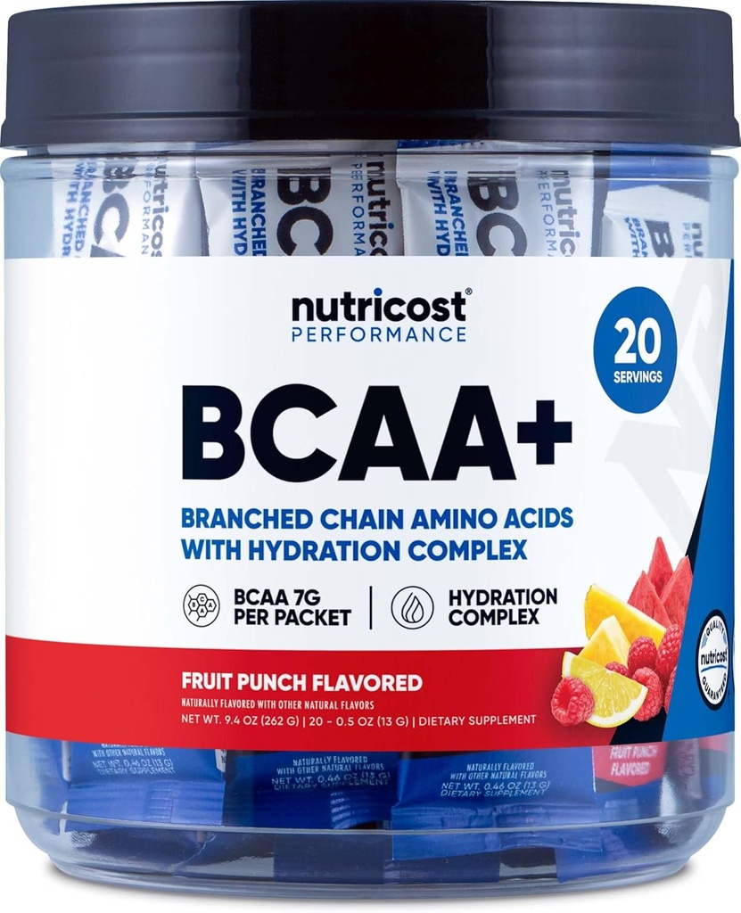 Nutricost BCAA+ Hydration Fruit Punch Flavor (20 Stickpacks) - Branched Chain Amino Acids with Hydration Complex - Gluten-Free, Non-GMO