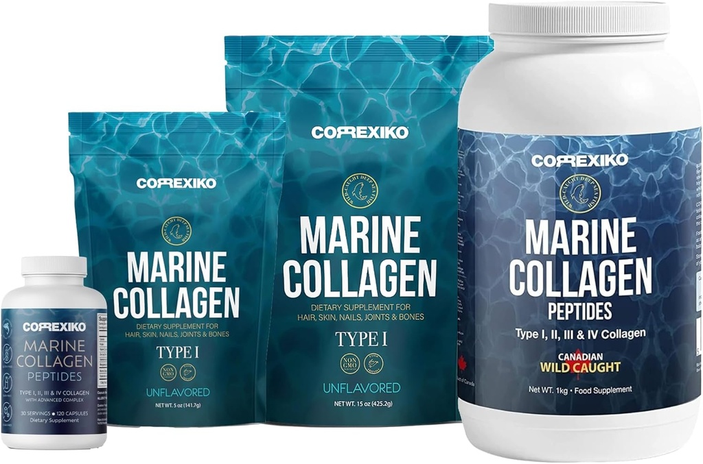 CORREXIKO Marine Collagen Supplement Pills & Powder Bundle - Includes 10,000mg Double Hydrolyzed Collagen Powder 1kg, 15 oz & 5oz and 1800mg Collagen Peptides 120 Capsules - for Hair, Skin & Nails