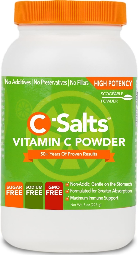 C-Salts Vitamin C Powder Supplement - 100% Pure High Dose Buffered Vitamin C Powder for Immune Support - Organic, Sugar-Free, Vegan, Non-GMO, Stomach-Friendly, Original 8 oz
