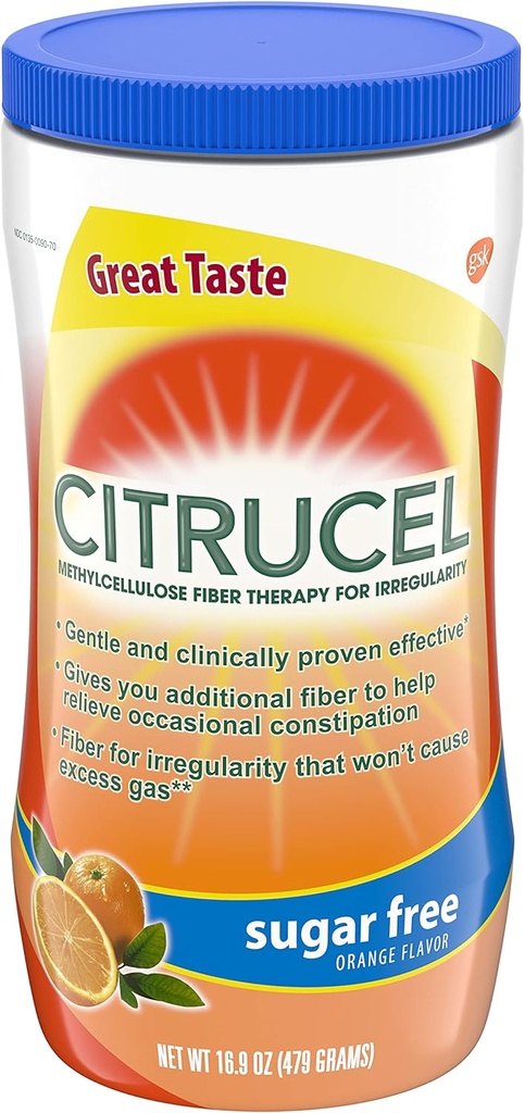 CITRUCEL Sugar Free Fiber Powder for Occasional Constipation Relief, Methylcellulose Fiber Powder, Orange Flavor - 16.9 Ounces