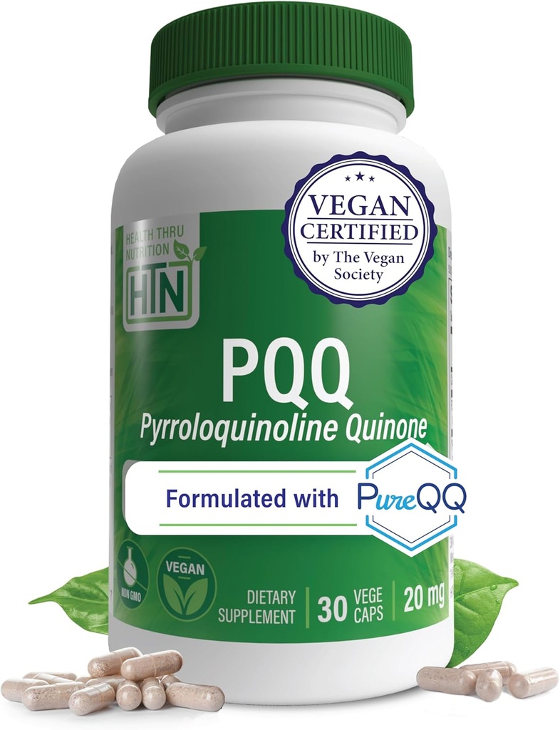 Health Thru Nutrition PQQ 20mg 30 Servings Pyrroloquinoline Quinone as PureQQ | Promotes Mitochondrial Biogenesis | Certified Vegan | Non-GMO Gluten Soy Free Capsules| Clean Label PQQ Supplement