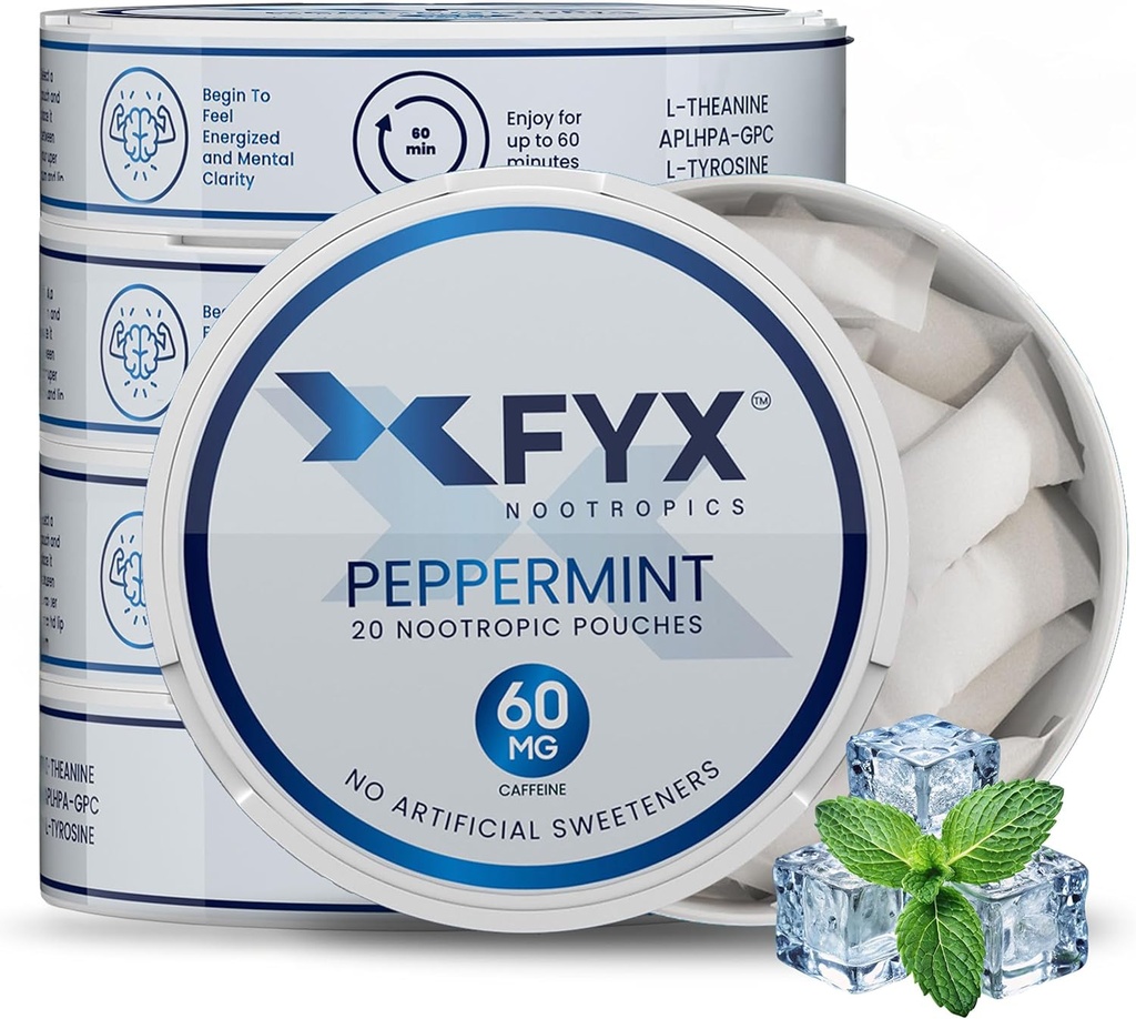 FYX Caffeine Nootropic Pouches – Clean Energy & Focus with Alpha-GPC, L-Tyrosine & L-Theanine – 60mg Caffeine Pouches – Sugar-Free Alpha Nootropic Pouches – 5-Pack (5-Count, Peppermint)