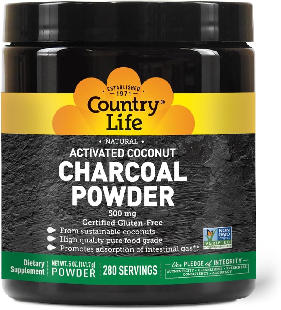 Country Life Activated Coconut Charcoal Powder 500mg – Natural Activated Charcoal for Digestive Health, Gas & Bloating Relief, DIY Uses - Non-GMO, Gluten-Free, Vegan, 5oz Powder