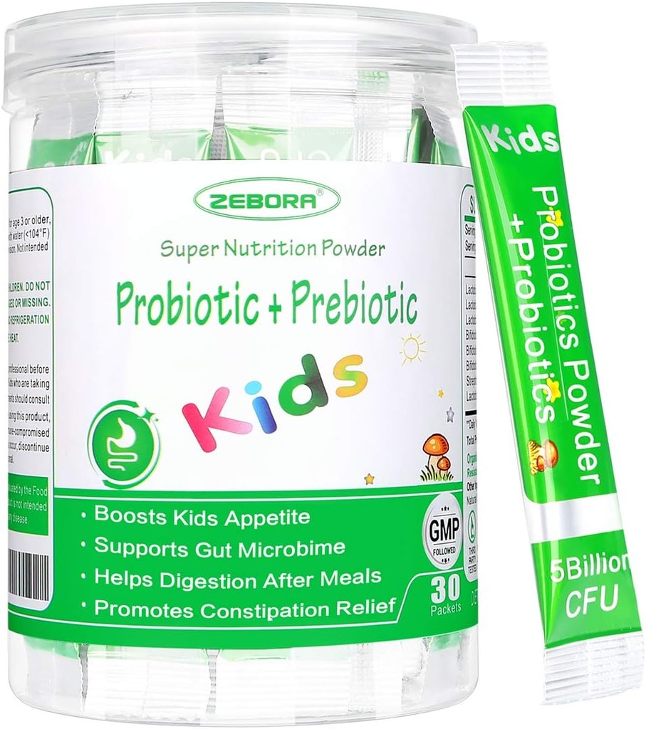 ZEBORA Kids Probiotic & Prebiotics Powder Age 3+ Support Children's Digestive & Immune System with Natural Source, Promotes Constipation Relief, Non-GMO, Gluten-Free, 30 Packets with 5 Billion CFUs