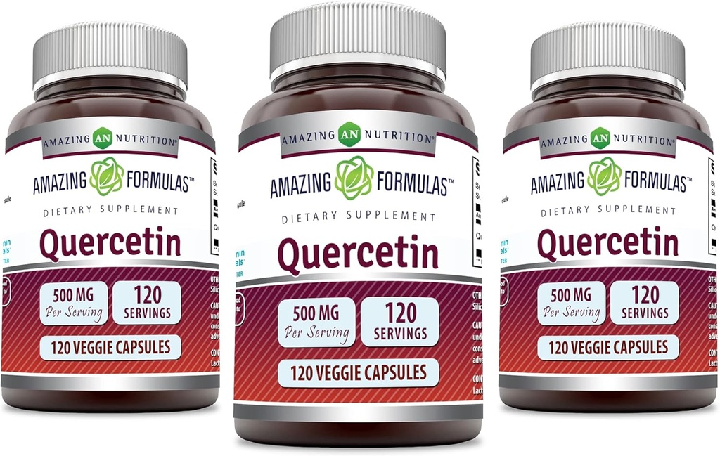 Amazing Formulas Quercetin 500mg Veggie Capsules Supplement | Non-GMO | Gluten Free | Supports Overall Health & Well Being (120 Count | 3 Pack)
