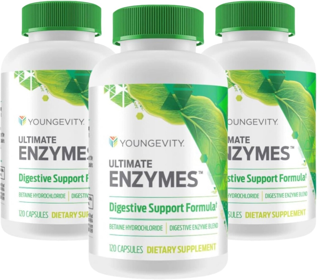 Youngevity Ultimate Enzymes - Digestive Support Formula | Made with Betaine Hydrochloride | Natural Enzyme Blend | 3 Bottles