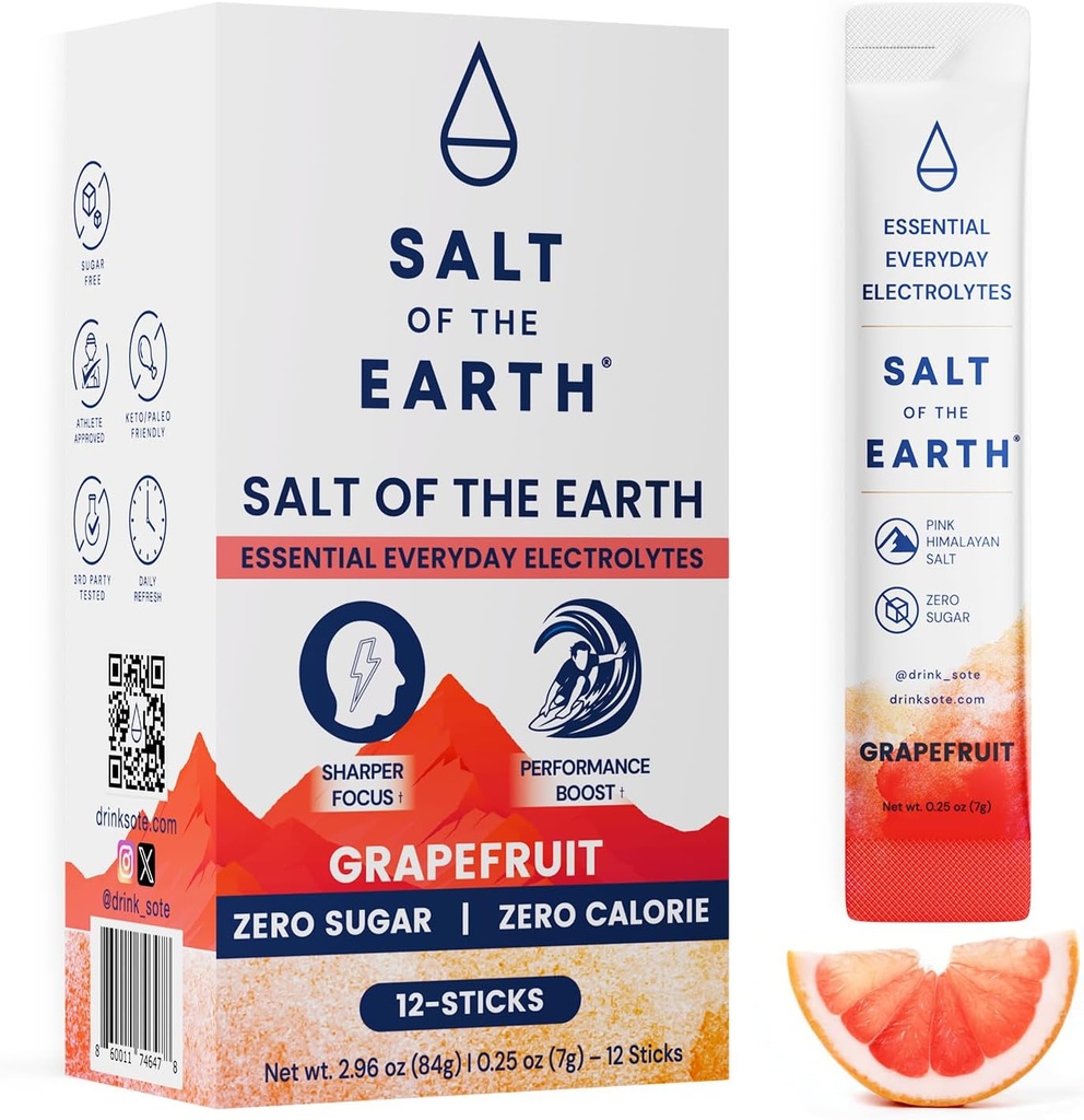 Salt of the Earth Premium Zero-Sugar Electrolyte - Made with Pink Himalayan Salt - Hydration Powder Packets | Premium Ingredients | Keto & Paleo Friendly | 12 Sticks, Grapefruit