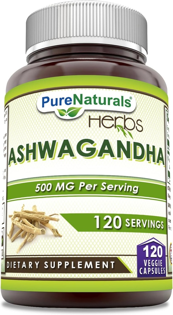 Pure Naturals Ashwagandha 500 Mg per Serving 120 Veggie Capsules Supplement | Made with Natural Ashwagandha | Non-GMO | Gluten Free | Made in USA
