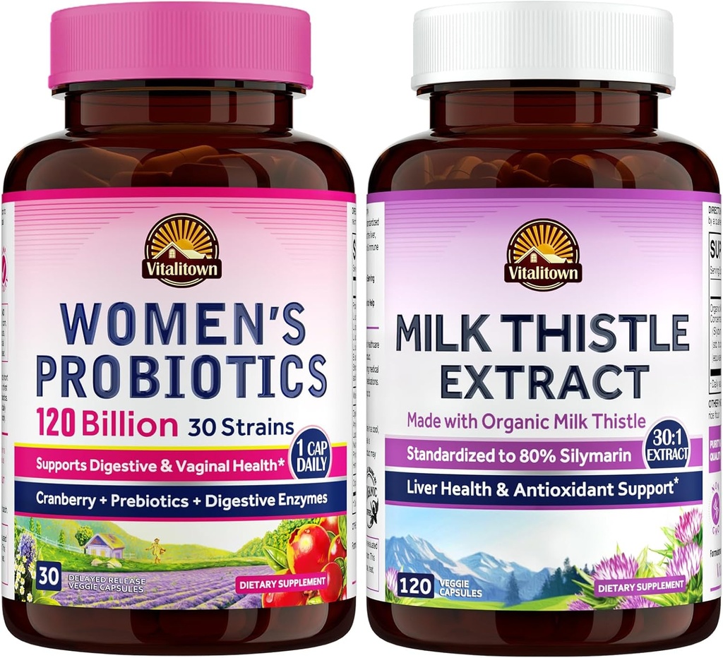Vitalitown Women’s Probiotic & Milk Thistle Bundle (Pack of 2) | Women’s Probiotics 120 Billion (Item 1) & Organic Milk Thistle (Item 2) | Shelf Stable | Digestive & Women’s Health |Detox