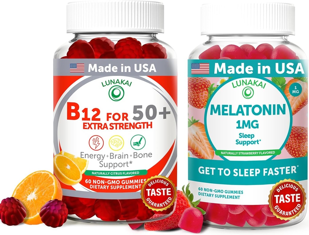 Lunakai USA Made Vitamin B12 & Melatonin 1mg Gummies Bundle for Adults 50+, Supports Energy, Mood & Restful Sleep, Non-GMO, Vegan, Delicious Orange & Strawberry Flavors, 60ct Each