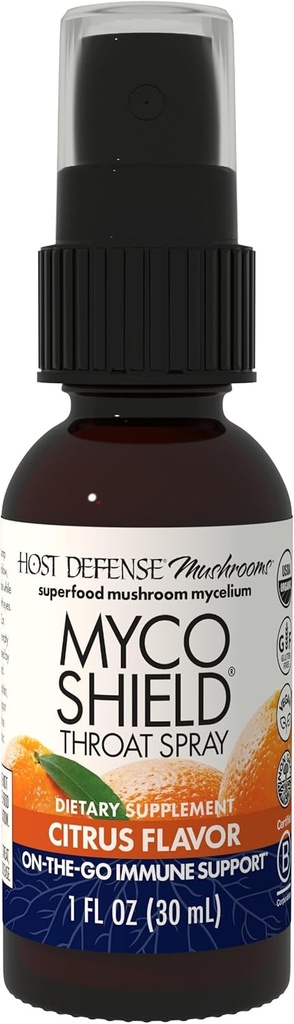 Host Defense MycoShield Throat Spray - Immune Health Support - Dietary Mushroom Supplement with Chaga, Reishi, Turkey Tail & More - On-The-Go Immune Support - Citrus Flavor, 1 fl oz (71 Servings)*