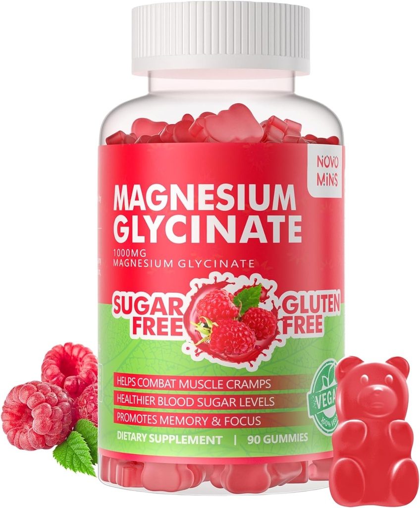 90 CT Magnesium Glycinate Gummies 1000mg - Sugar Free Magnesium Potassium Supplement with Vitamin D, B6, CoQ10 for Calm Mood & Sleep Support - 90 Raspberry Gummies